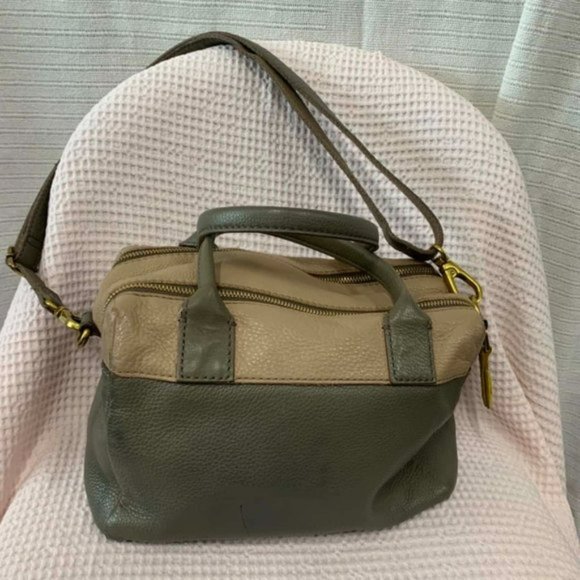 FOSSIL Erin Colourblocked Satchel Leather Khaki Beige Double Zip Carry Bag - Picture 5 of 15